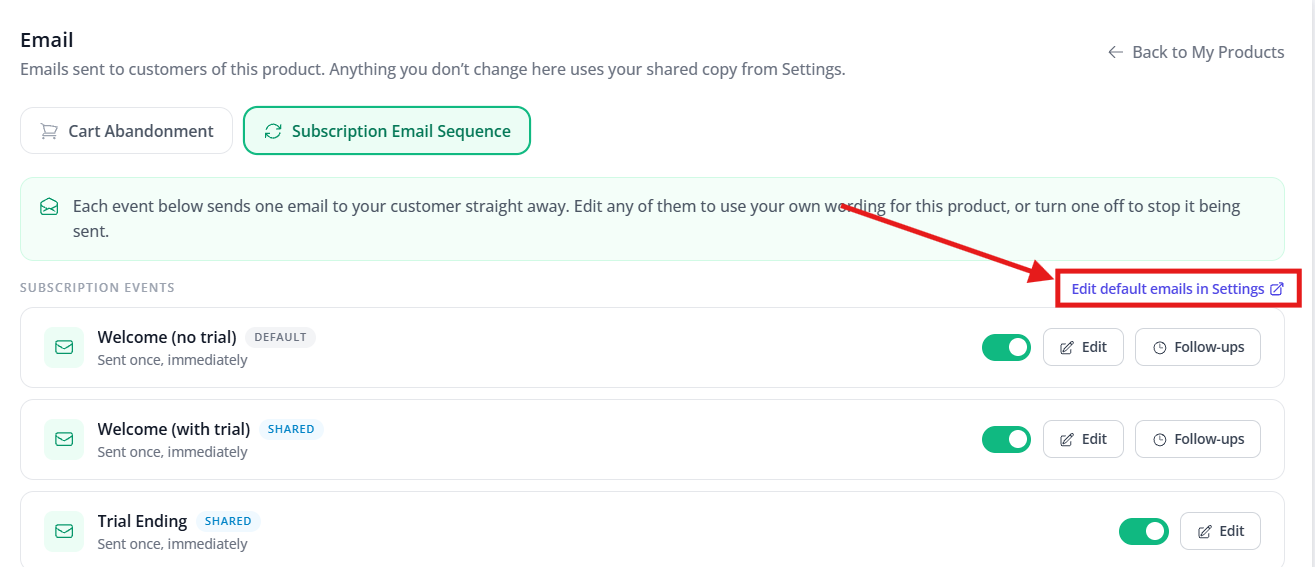 Settings, Email Settings, Subscription Product Email tab (1 of 2)