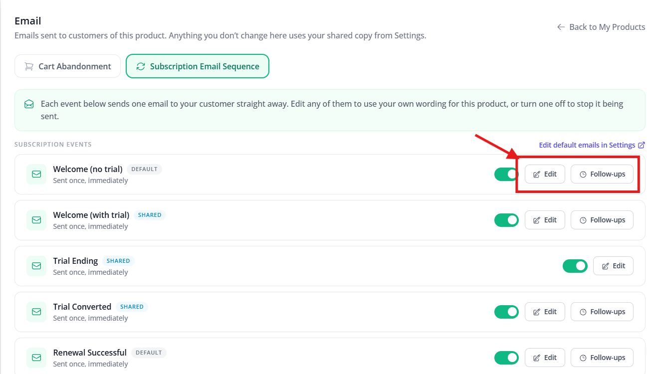 The Edit window for a subscription email (1 of 2)
