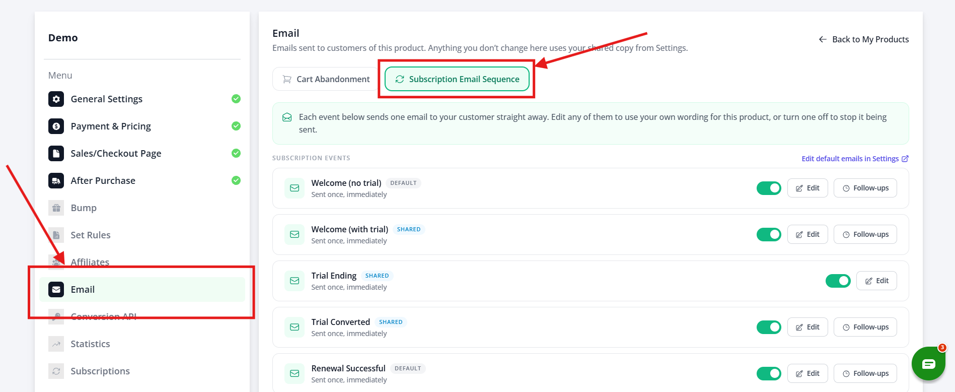 Product settings Email page with the Subscription Email Sequence tab