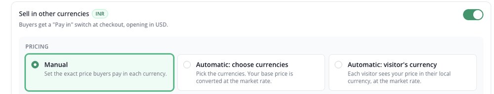 Sell in other currencies switch turned on with the 3 pricing options