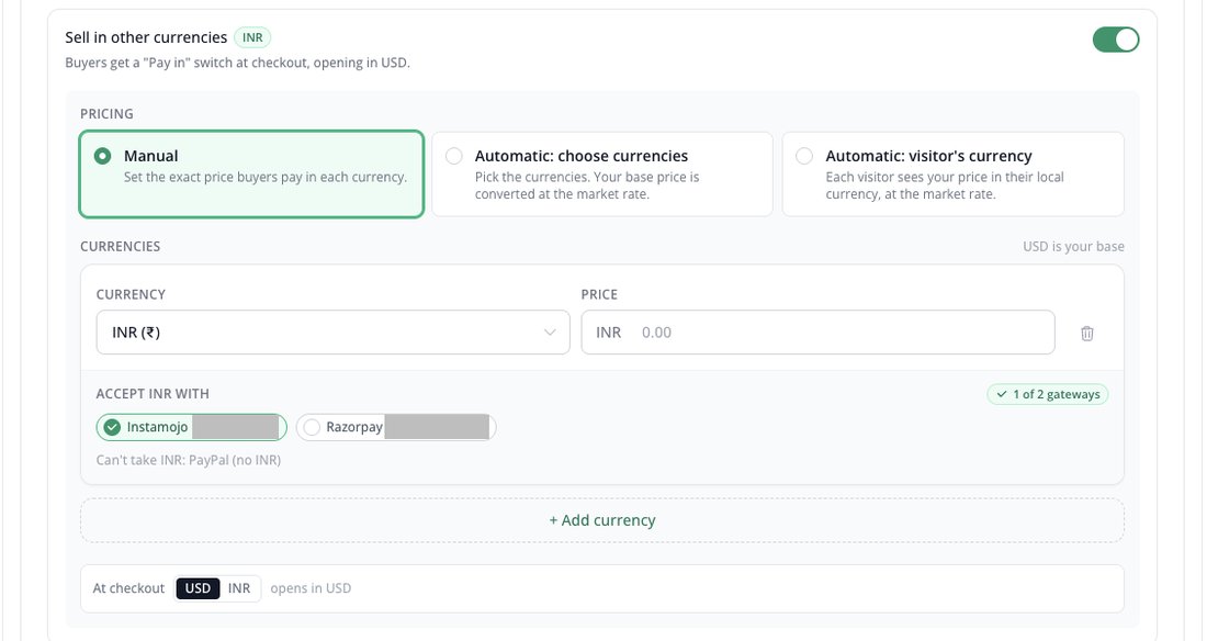 Manual pricing with INR currency, price field and gateway choice