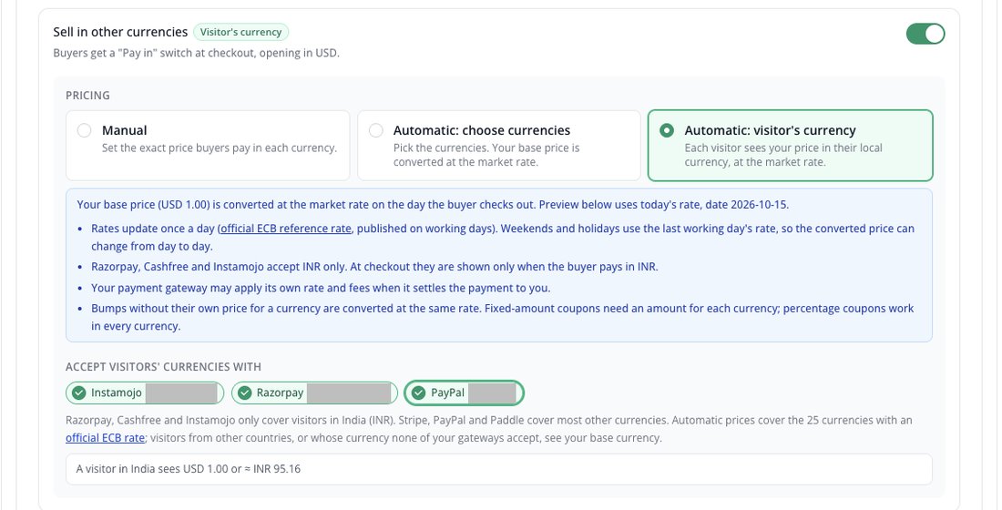 Automatic visitor's currency with Instamojo, Razorpay and PayPal selected