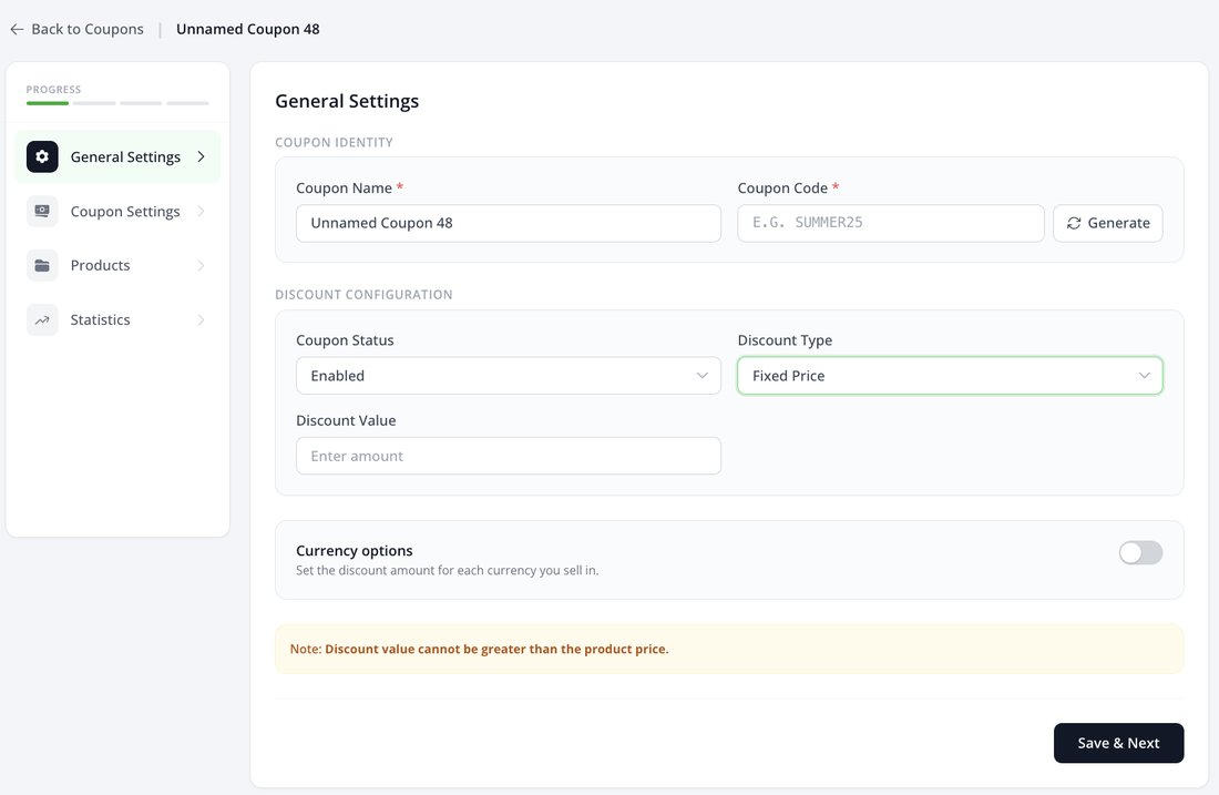 Coupon General Settings with Fixed Price and Currency options switched off