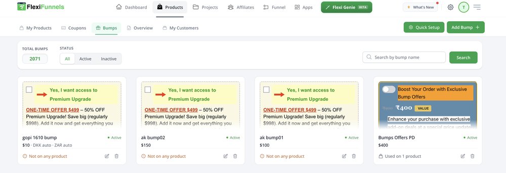 Bumps page with the Add Bump button at the top right and a list of bump cards