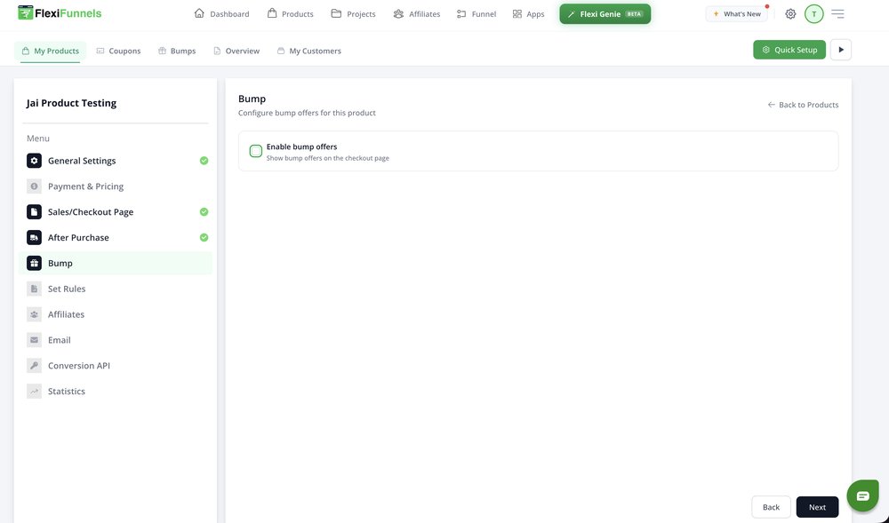 Product Bump menu with the Enable bump offers checkbox