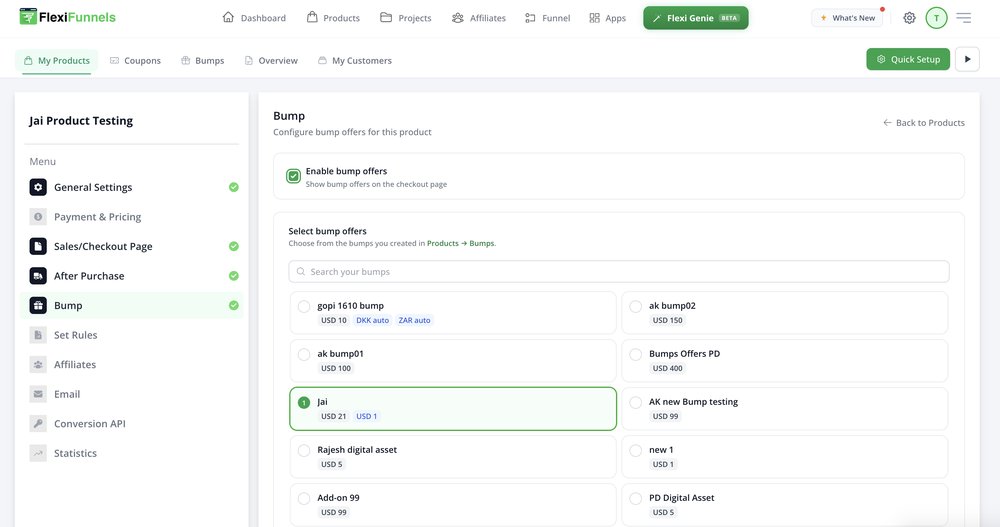 List of bumps with one bump selected and highlighted in green