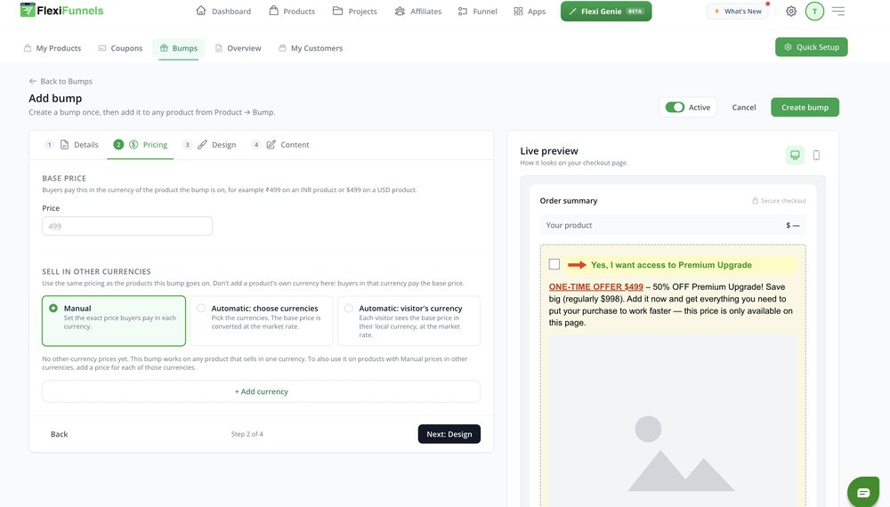 Pricing tab with Price field and three currency options: Manual, Automatic choose currencies, Automatic visitor currency
