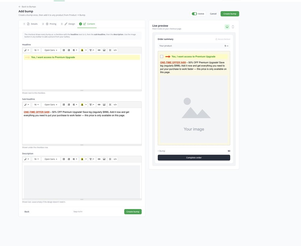 Content tab with Headline, Sub-headline and Description editors next to the Live preview