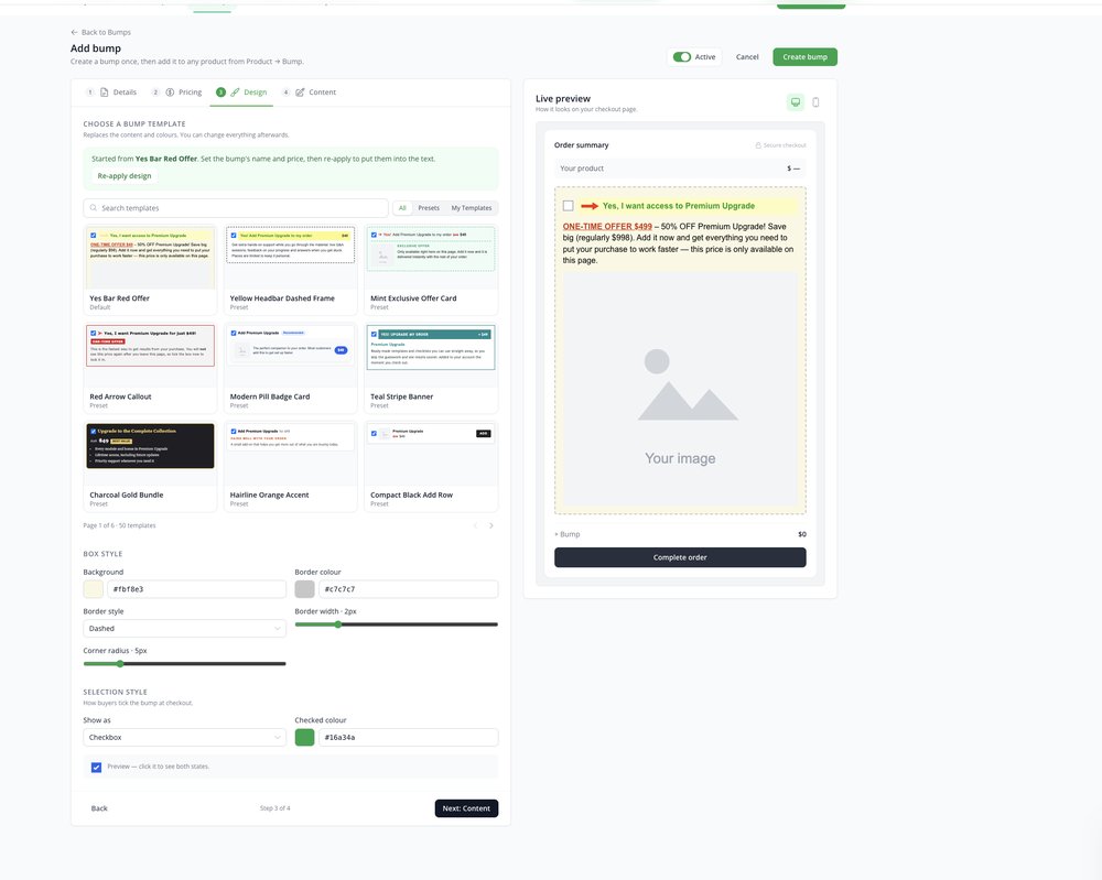 Full Design tab with template pages, Box Style settings and Selection Style settings
