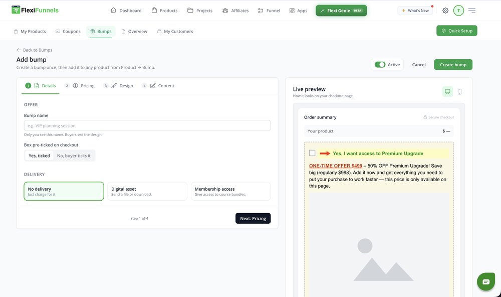 Details tab with Bump name field, Box pre-ticked options and three Delivery options