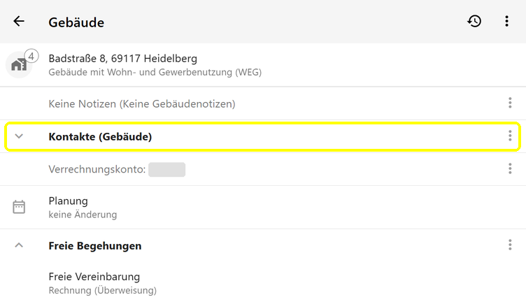 Die Gebäudeansicht mit zugeklappten und aufgeklappten Abschnitten; gelb markiert die Überschrift Kontakte (Gebäude)