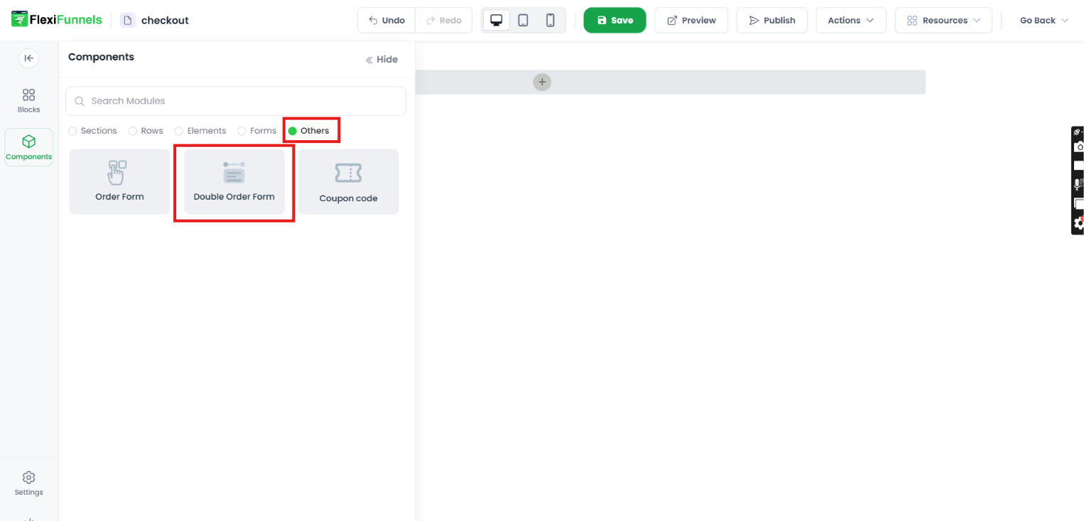 Components panel with Others and Double Order Form highlighted.