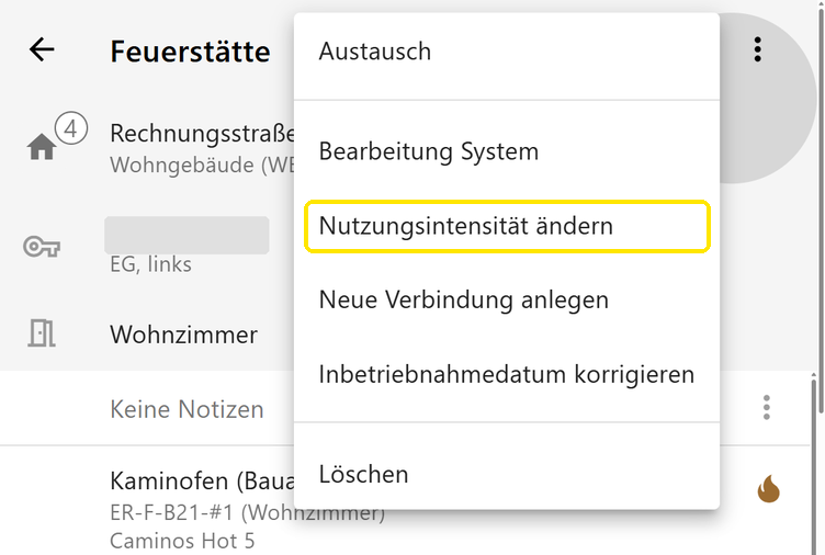 Menü des Assistenten in der Feuerstätte mit dem Punkt „Nutzungsintensität ändern“