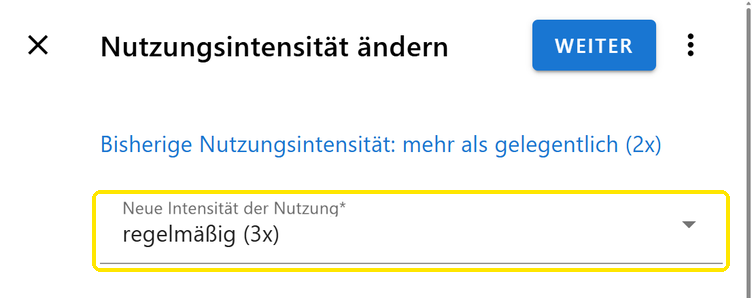 Seite „Nutzungsintensität ändern“ mit dem Feld „Neue Intensität der Nutzung“