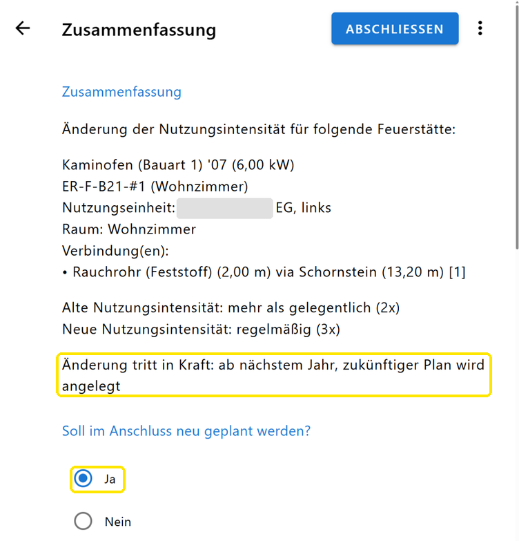 Zusammenfassung mit „Änderung tritt in Kraft: ab nächstem Jahr, zukünftiger Plan wird angelegt“ und „Ja“ beim Neuplanen