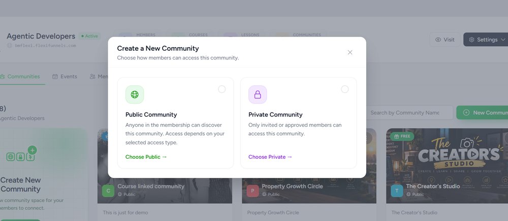 Create a New Community dialog with Public and Private options