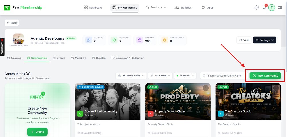 FlexiMembership Communities tab with the New Community button highlighted