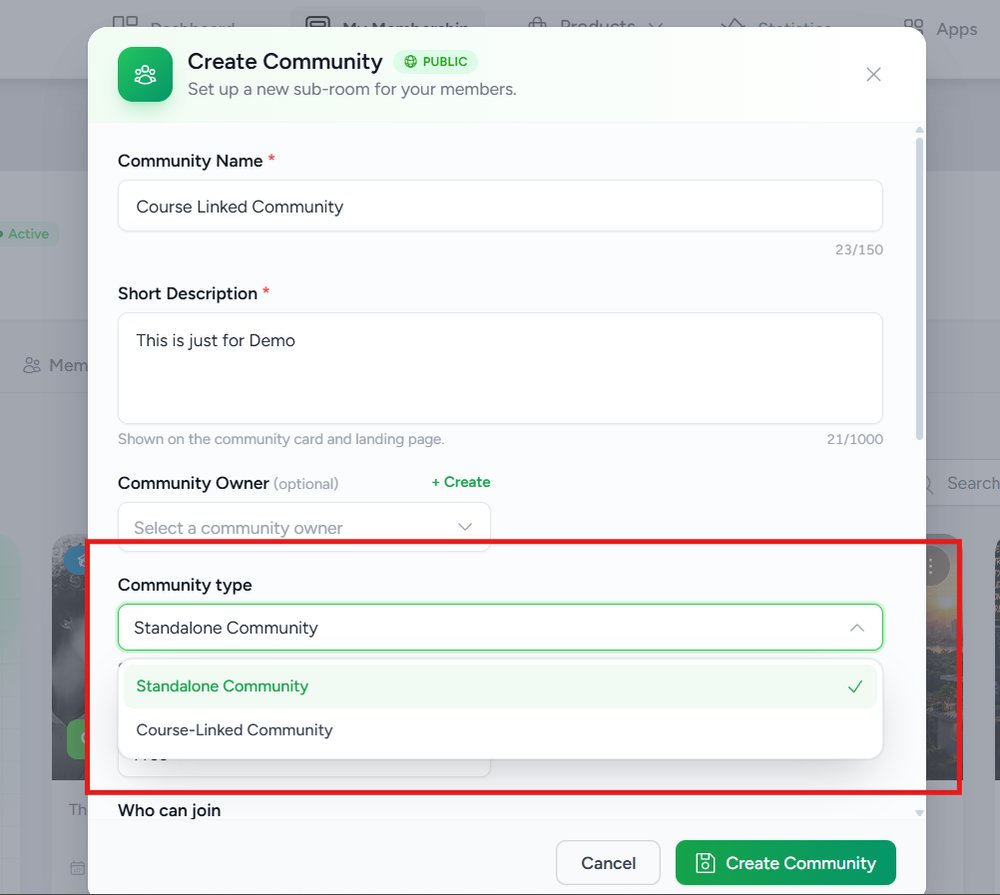 Create Community form showing the Community Name, Short Description and Community type fields