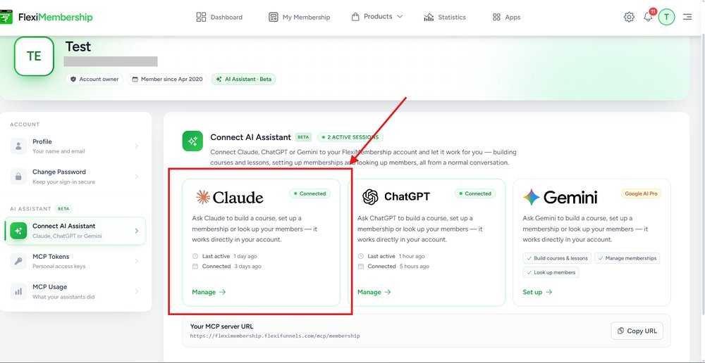 Connect AI Assistant page with the Claude card highlighted