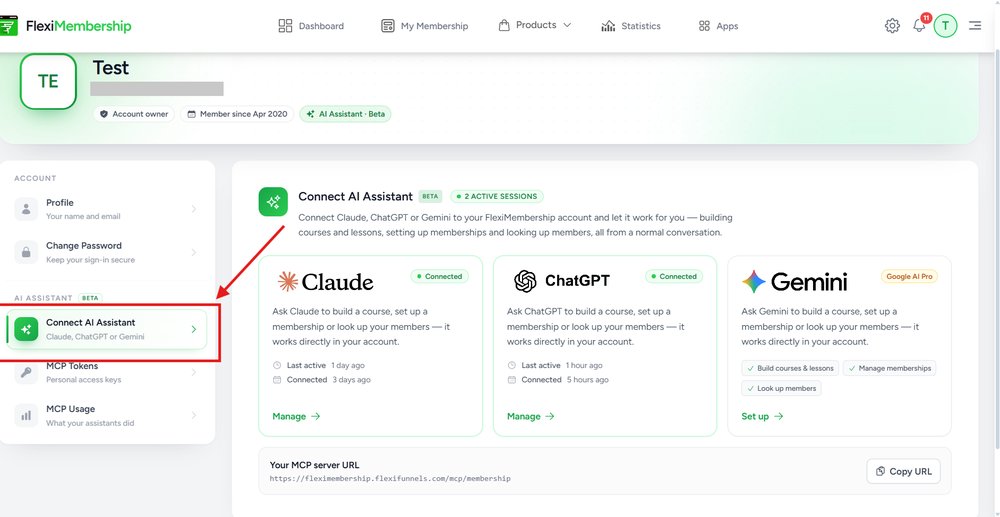 Profile page with Connect AI Assistant highlighted in the left menu
