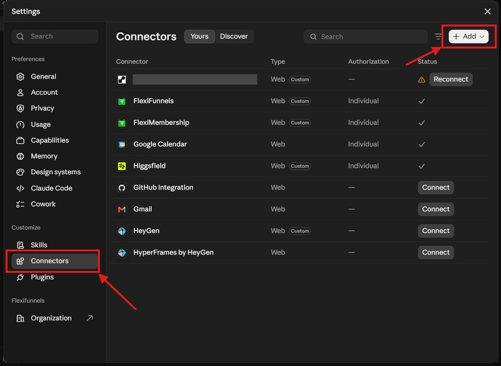 Claude Settings with Connectors selected and the Add button highlighted