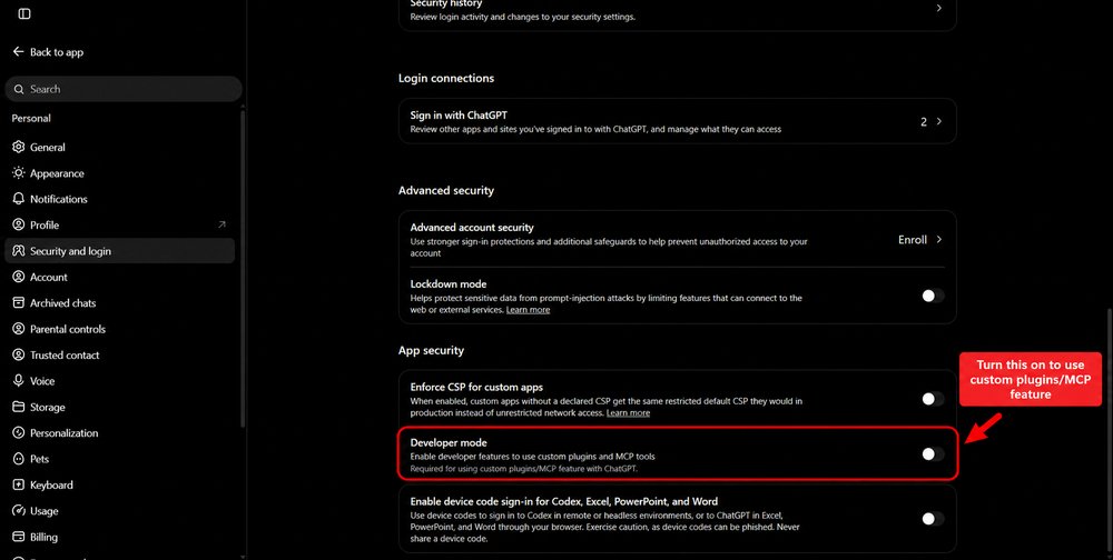 ChatGPT Security and login settings with the Developer mode switch highlighted