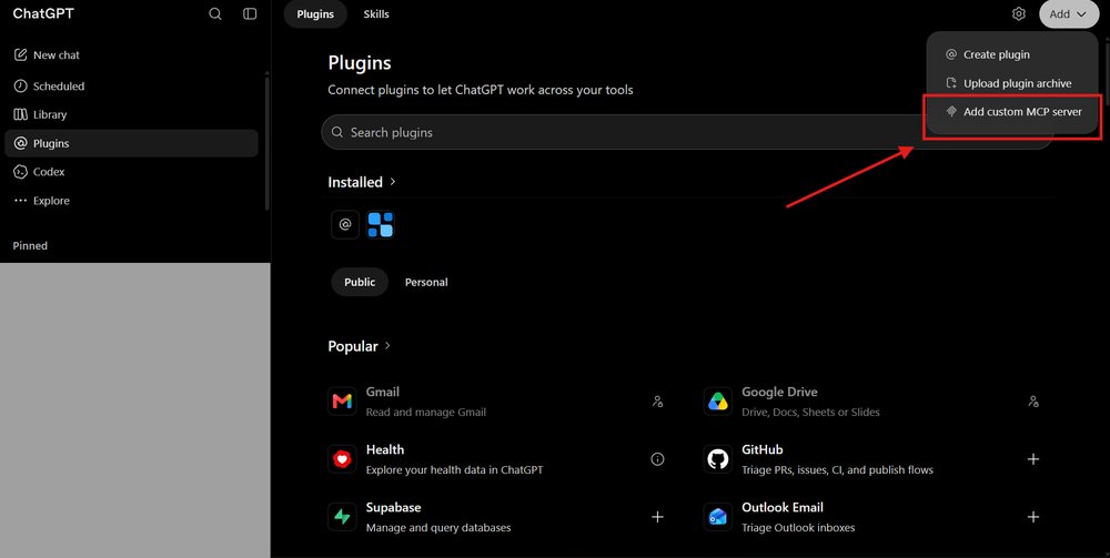 ChatGPT Plugins page with the Add menu open and Add custom MCP server highlighted