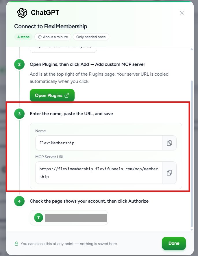 FlexiMembership setup guide showing the Name and MCP Server URL fields