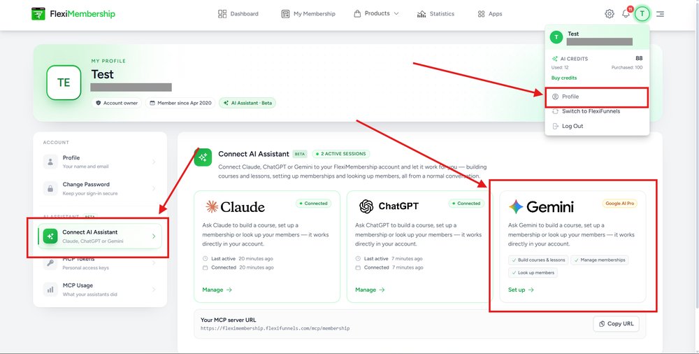 FlexiMembership profile menu, Connect AI Assistant in the left menu, and the Gemini card highlighted