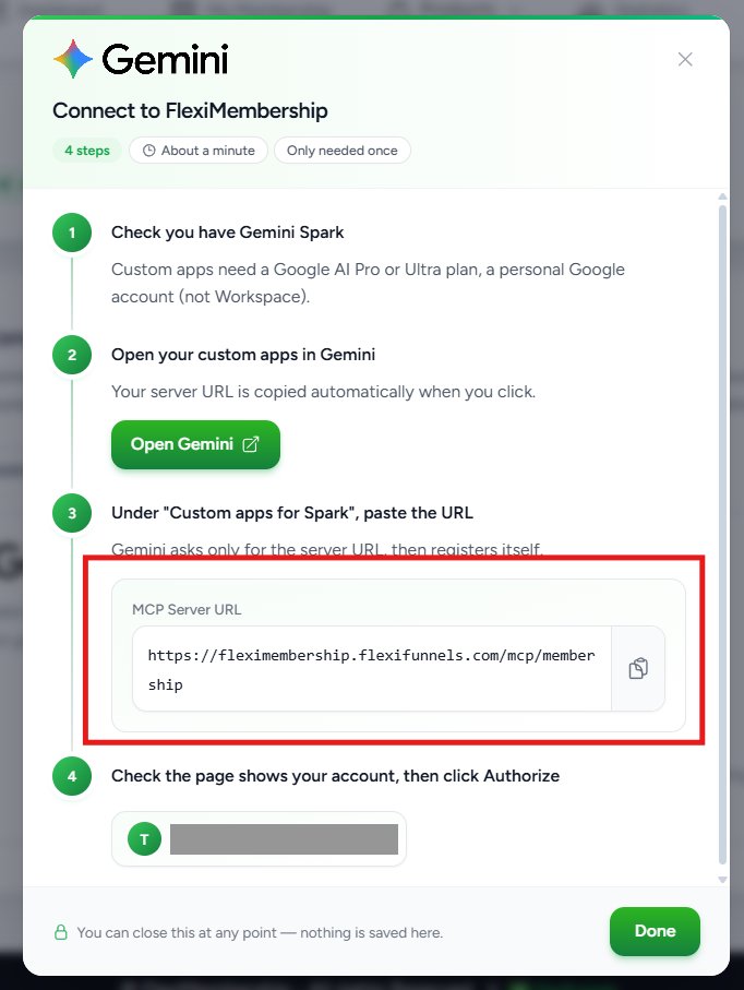 Connect to FlexiMembership guide with the MCP Server URL highlighted