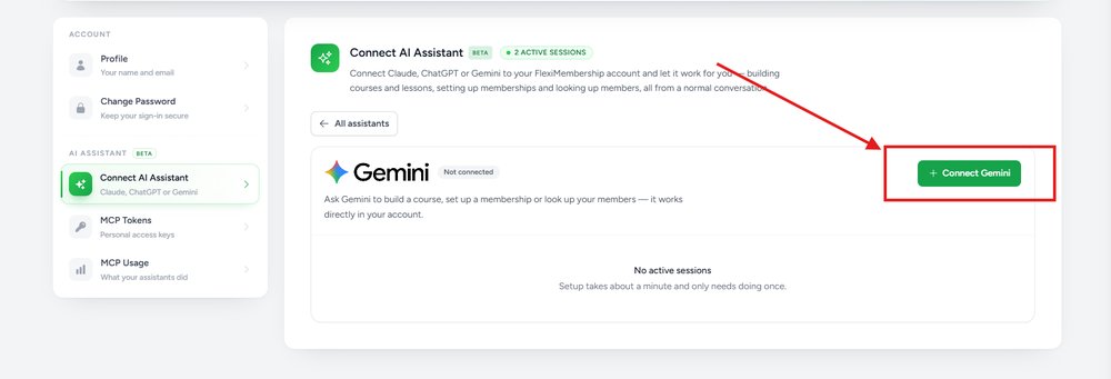 Gemini page showing Not connected, with the Connect Gemini button highlighted