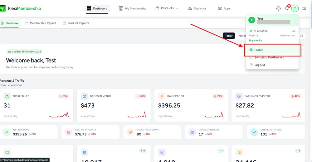 FlexiMembership dashboard with the profile menu open and the Profile option highlighted
