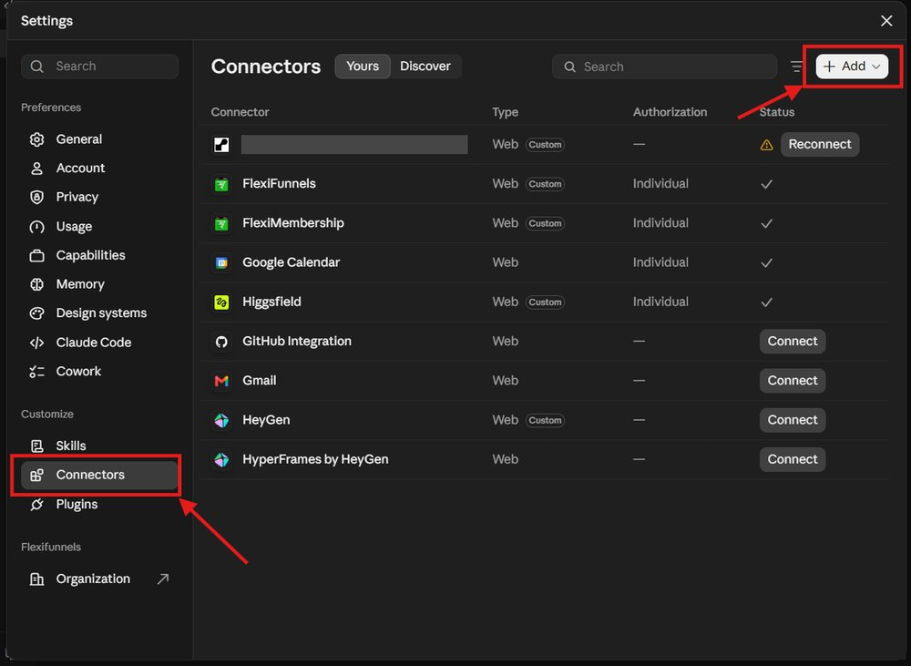 Claude Settings with Connectors selected and the Add button highlighted