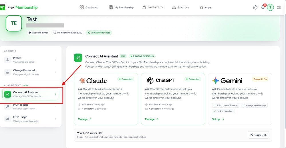 Profile page with Connect AI Assistant highlighted in the left menu