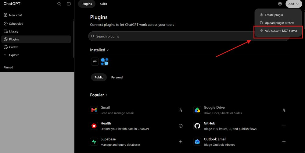 ChatGPT Plugins page with the Add menu open and Add custom MCP server highlighted