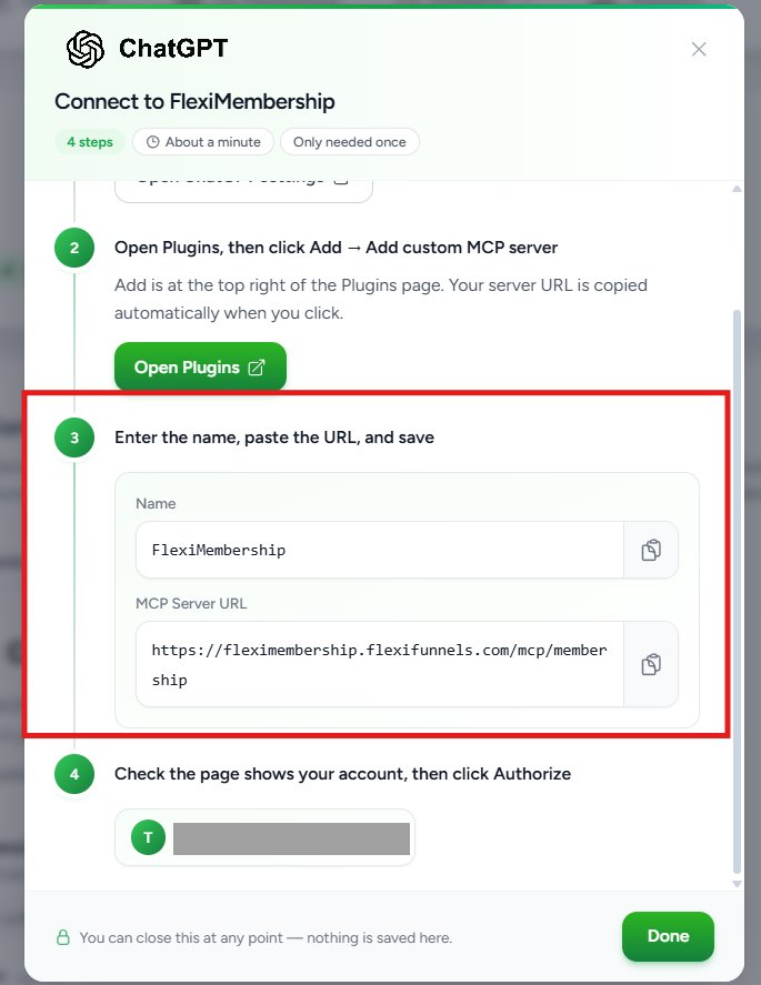 FlexiMembership setup guide showing the Name and MCP Server URL fields