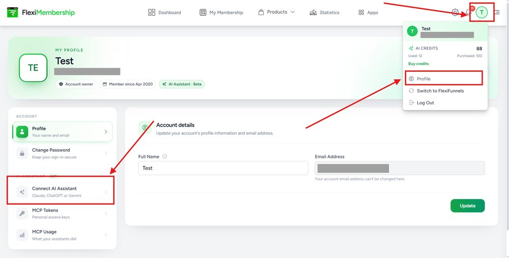 FlexiMembership profile menu with Profile highlighted, and Connect AI Assistant highlighted in the left menu