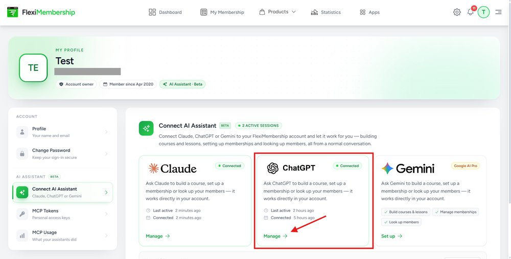 Connect AI Assistant page with the ChatGPT card and its Manage link highlighted