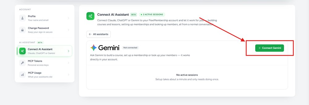 Gemini page showing Not connected, with the Connect Gemini button highlighted