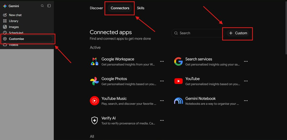 Gemini Customise page with the Connectors tab and the Custom button highlighted