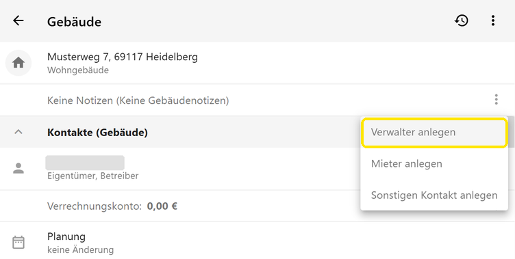 Menü bei „Kontakte (Gebäude)“ mit „Verwalter anlegen“