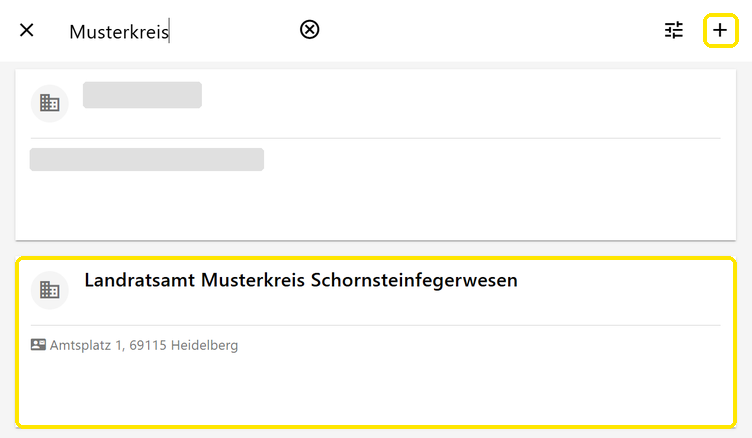 Kontaktliste mit der Behörde und dem Plus zum Anlegen