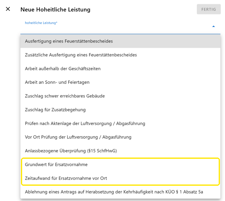 Auswahl der hoheitlichen Leistungen mit den beiden Einträgen zur Ersatzvornahme