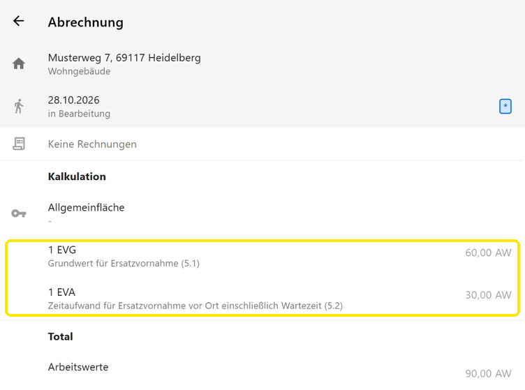 Kalkulation mit „Grundwert für Ersatzvornahme (5.1)“ und „Zeitaufwand für Ersatzvornahme vor Ort einschließlich Wartezeit (5.2)“