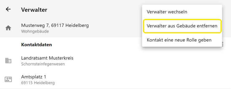 Menü des Verwalters mit „Verwalter aus Gebäude entfernen“