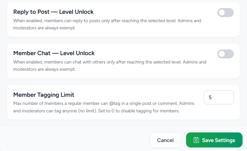 The Reply Unlock, Chat Unlock and Member Tagging Limit settings