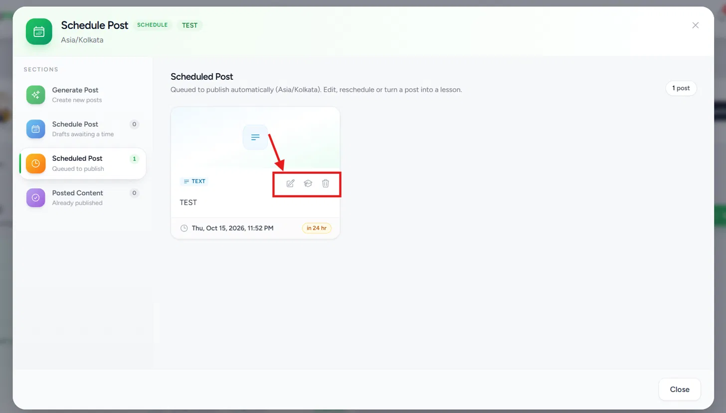 The Scheduled Post list with Edit, Add to a course and Delete icons