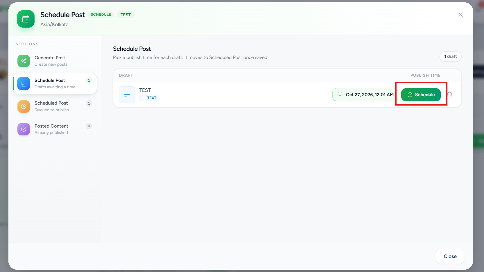 A draft with a date and time and the Schedule button active