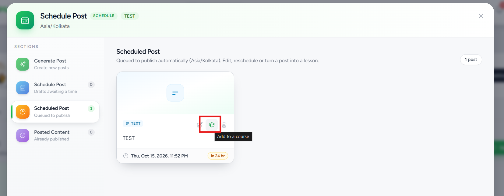 The Add to a course icon on a scheduled post