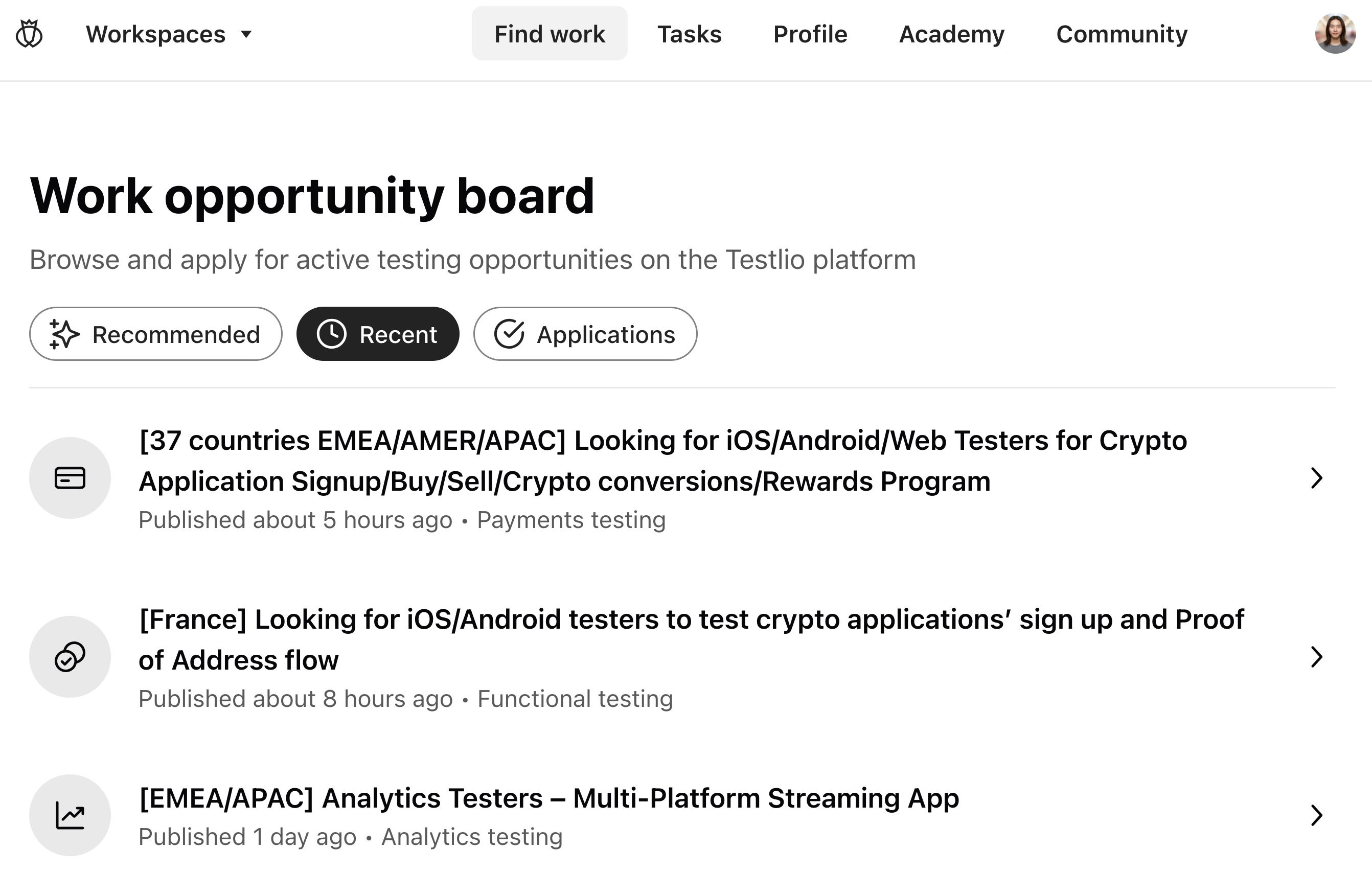 The work opportunity board with 3 recent opportunities shown, ranging from 5 hours ago to 1 day ago.